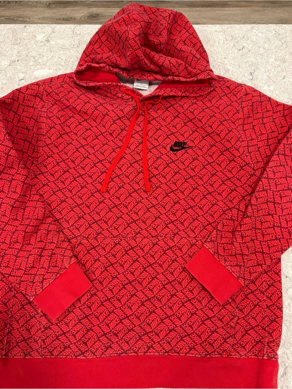 Nike Red Hoodie with Black All-Over Logo Print-Large